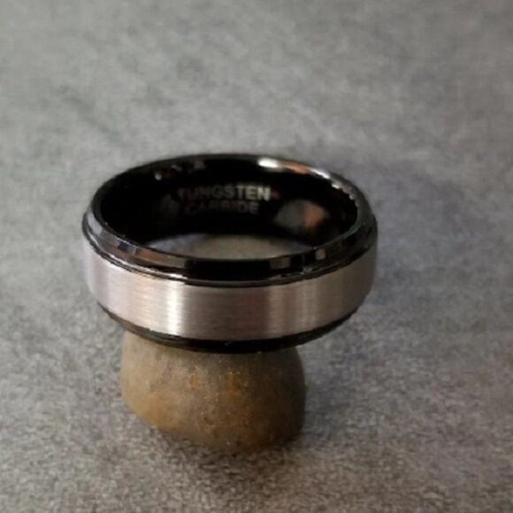 Engraved Men's Real Black and silver Tungsten Wedding Ring Black and Silver Band - Picture 9 of 12